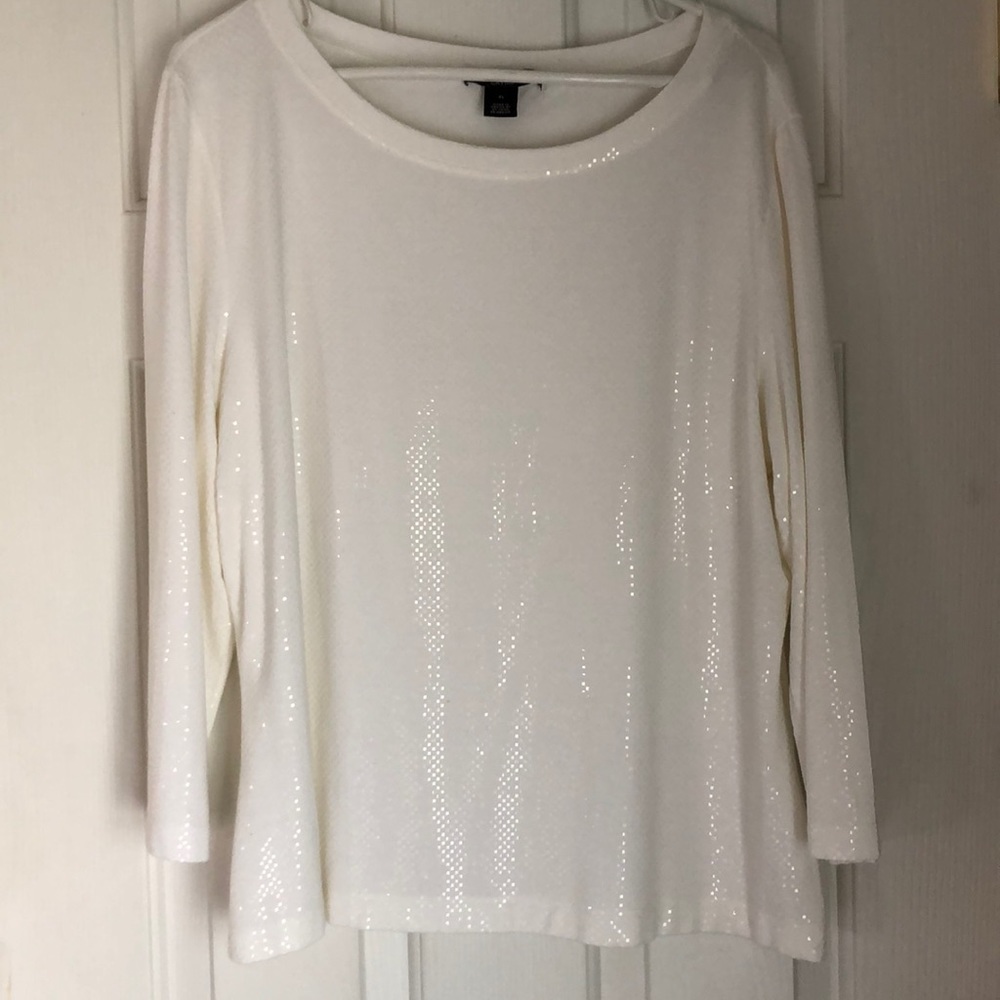 St. John White Sequin Long Sleeve Blouse